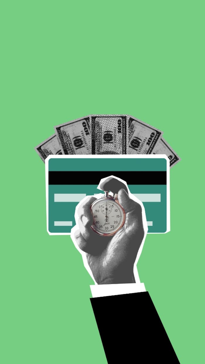 services-02 Illustration of cutout person hand timing stopwatch against credit card and cash money on green background